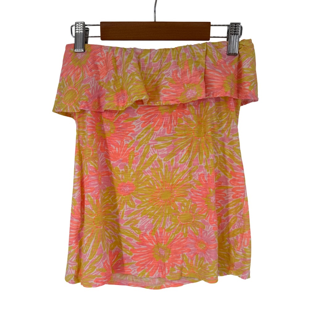 Lilly Pulitzer Wakely Strapless Tube Top Womens XS‎ Pink Yellow Floral Ruffle